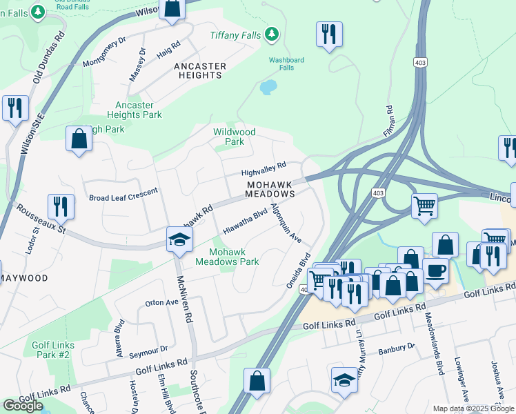 map of restaurants, bars, coffee shops, grocery stores, and more near 679 Hiawatha Boulevard in Hamilton