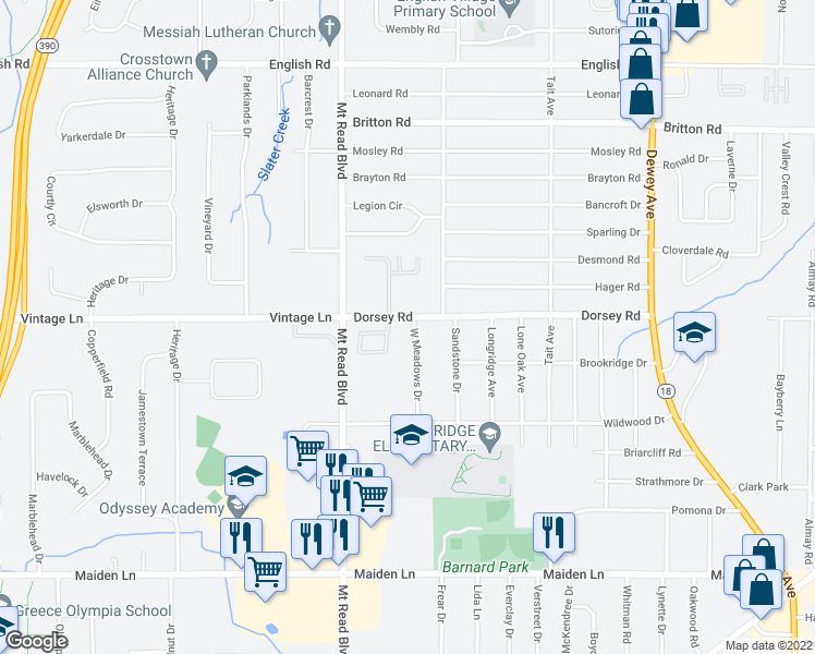 map of restaurants, bars, coffee shops, grocery stores, and more near 15 West Meadows Drive in Rochester