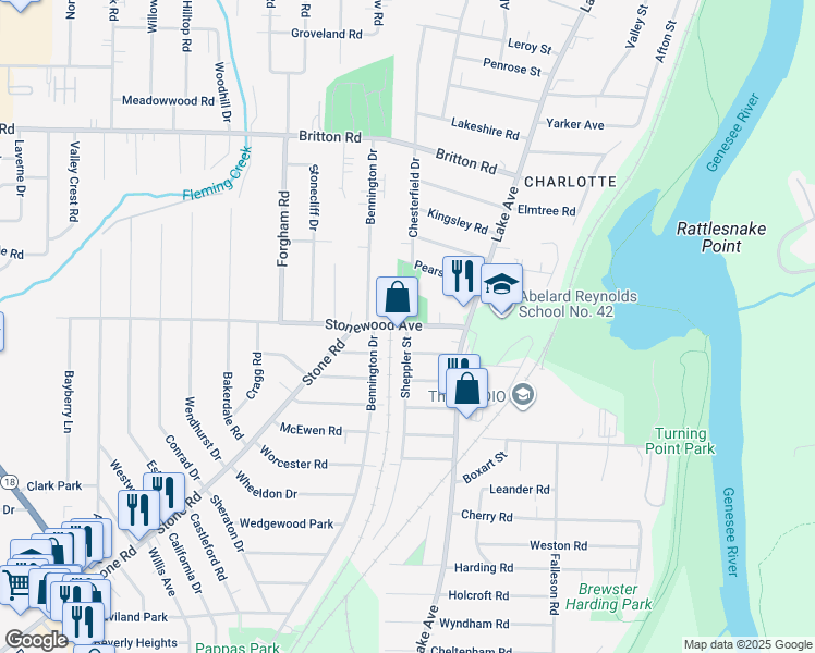 map of restaurants, bars, coffee shops, grocery stores, and more near Stonewood Ave & Sheppler St in Rochester