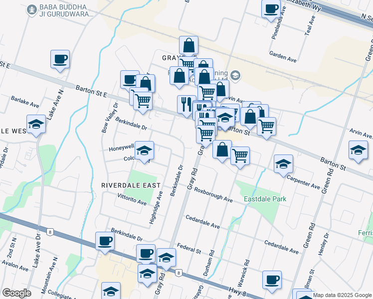 map of restaurants, bars, coffee shops, grocery stores, and more near 161 Berkindale Drive in Hamilton