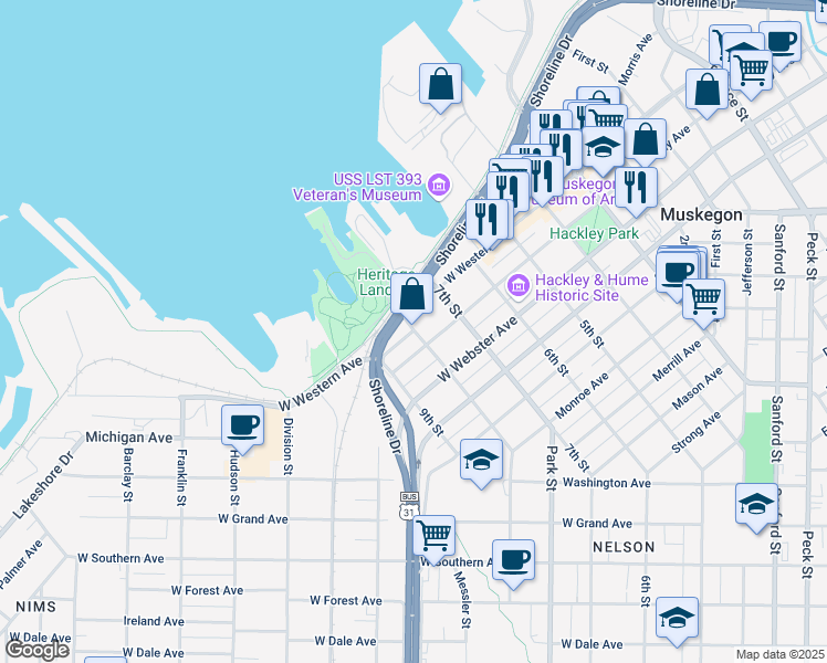map of restaurants, bars, coffee shops, grocery stores, and more near 545 Western Avenue in Muskegon