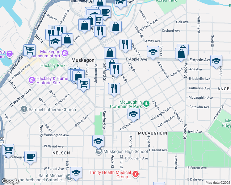 map of restaurants, bars, coffee shops, grocery stores, and more near 1152 Ransom Street in Muskegon