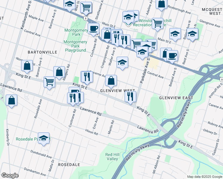 map of restaurants, bars, coffee shops, grocery stores, and more near 241 Glenholme Avenue in Hamilton