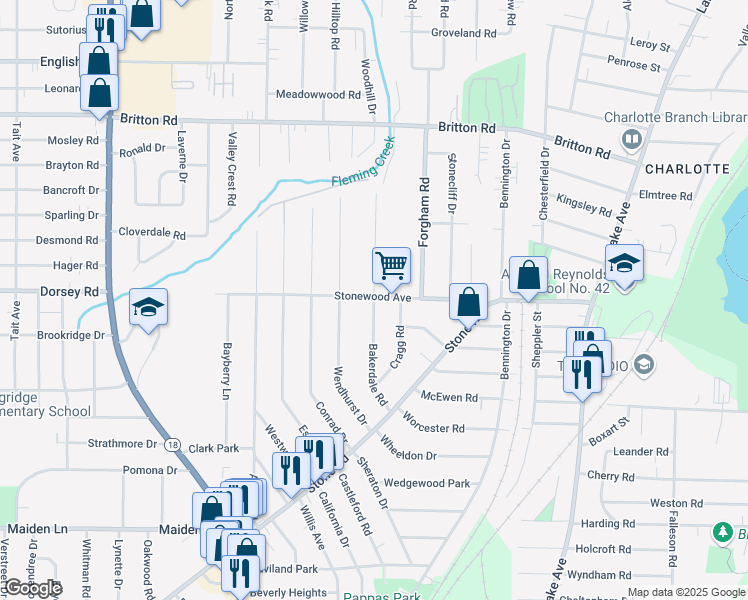 map of restaurants, bars, coffee shops, grocery stores, and more near 152 Bakerdale Road in Rochester