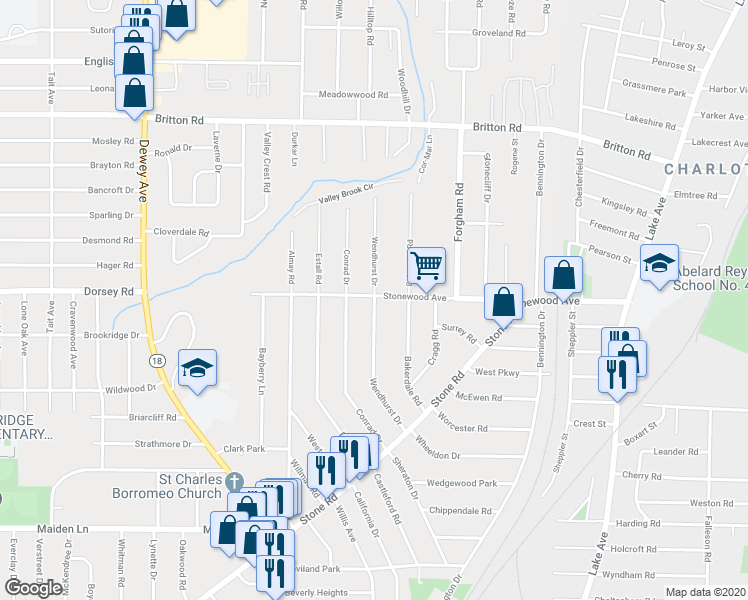 map of restaurants, bars, coffee shops, grocery stores, and more near 194 Wendhurst Drive in Rochester