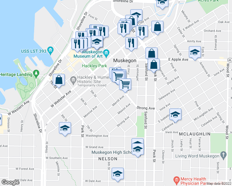 map of restaurants, bars, coffee shops, grocery stores, and more near 249 Monroe Avenue in Muskegon