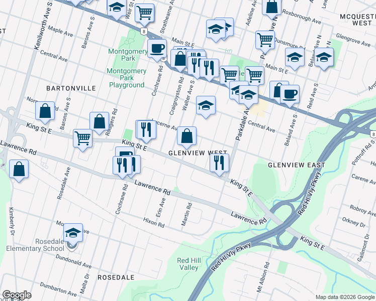 map of restaurants, bars, coffee shops, grocery stores, and more near 220 Glenholme Avenue in Hamilton