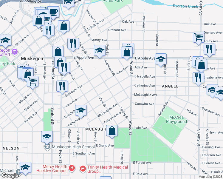 map of restaurants, bars, coffee shops, grocery stores, and more near 308 East Isabella Avenue in Muskegon