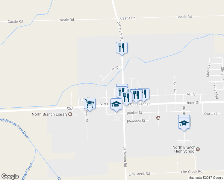 map of restaurants, bars, coffee shops, grocery stores, and more near 6823 Monroe Street in North Branch