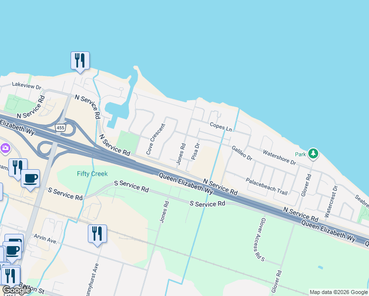 map of restaurants, bars, coffee shops, grocery stores, and more near 455 Jones Road in Hamilton