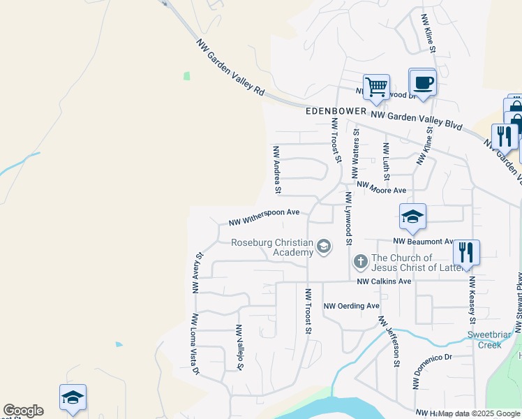 map of restaurants, bars, coffee shops, grocery stores, and more near 2230 Northwest Witherspoon Avenue in Roseburg