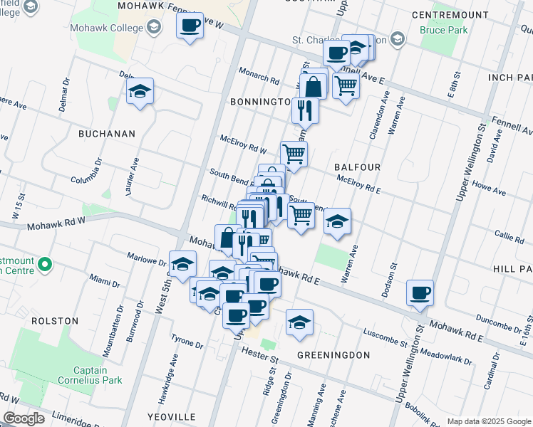 map of restaurants, bars, coffee shops, grocery stores, and more near 720 Upper James Street in Hamilton