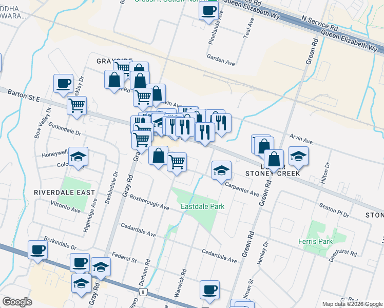 map of restaurants, bars, coffee shops, grocery stores, and more near 304 Celtic Drive in Hamilton