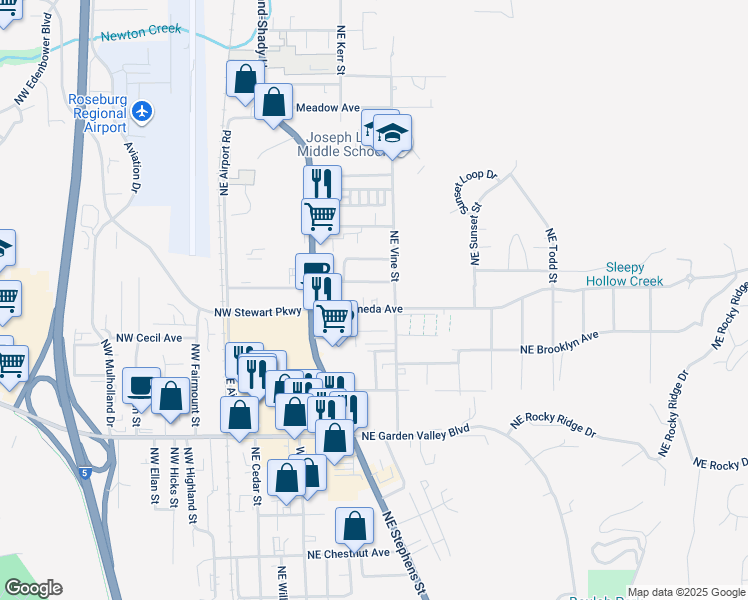 map of restaurants, bars, coffee shops, grocery stores, and more near 652 Northeast Alameda Avenue in Roseburg