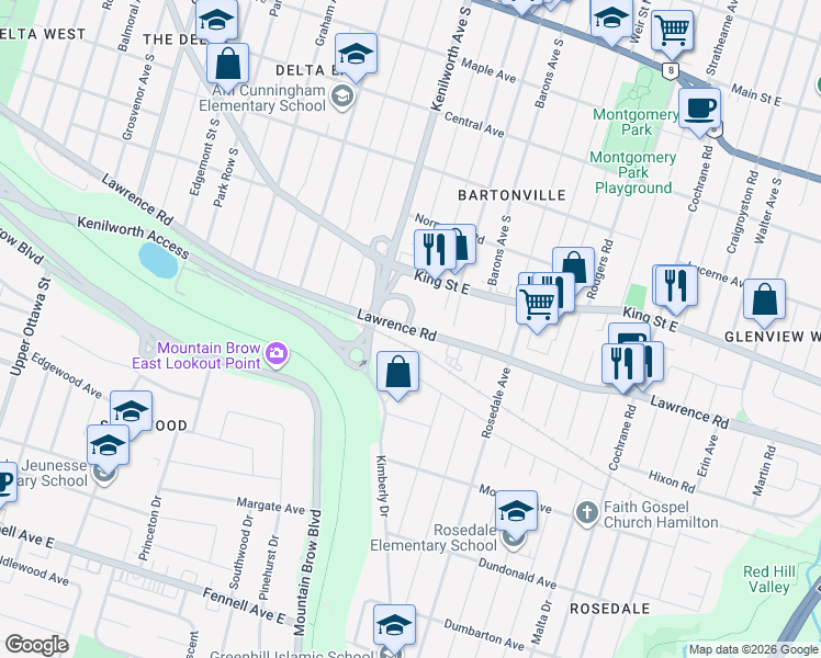 map of restaurants, bars, coffee shops, grocery stores, and more near 587 Lawrence Road in Hamilton