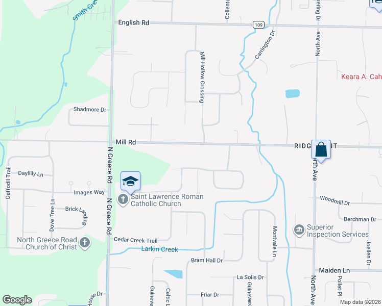 map of restaurants, bars, coffee shops, grocery stores, and more near 323 Mill Road in Rochester