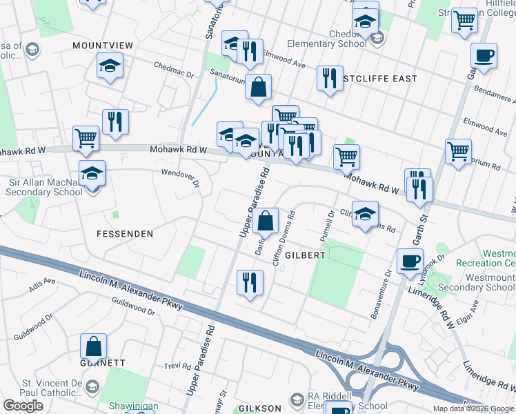 map of restaurants, bars, coffee shops, grocery stores, and more near 535a Upper Paradise Road in Hamilton