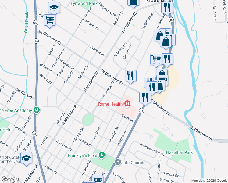map of restaurants, bars, coffee shops, grocery stores, and more near 104 West Chestnut Street in Rome