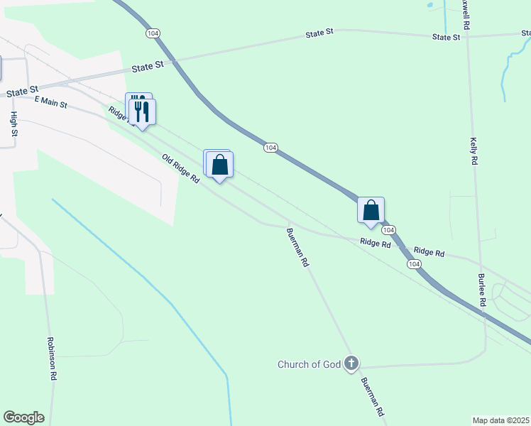map of restaurants, bars, coffee shops, grocery stores, and more near 7114 Ridge Road in Sodus