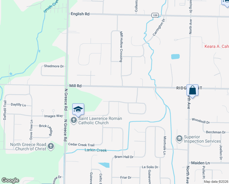 map of restaurants, bars, coffee shops, grocery stores, and more near 323 Mill Road in Rochester