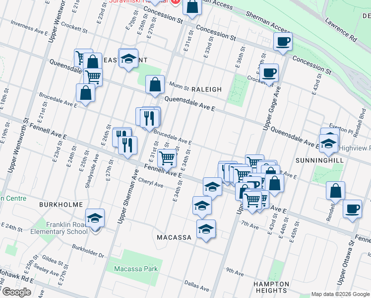 map of restaurants, bars, coffee shops, grocery stores, and more near 256 East 34th Street in Hamilton