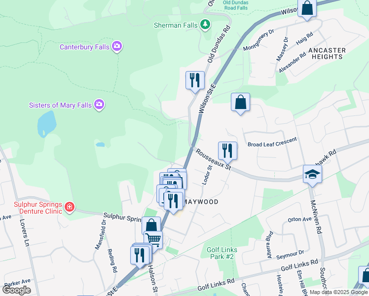 map of restaurants, bars, coffee shops, grocery stores, and more near 469 Wilson Street East in Hamilton