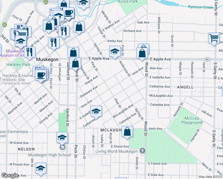 map of restaurants, bars, coffee shops, grocery stores, and more near 1184 Pine Street in Muskegon