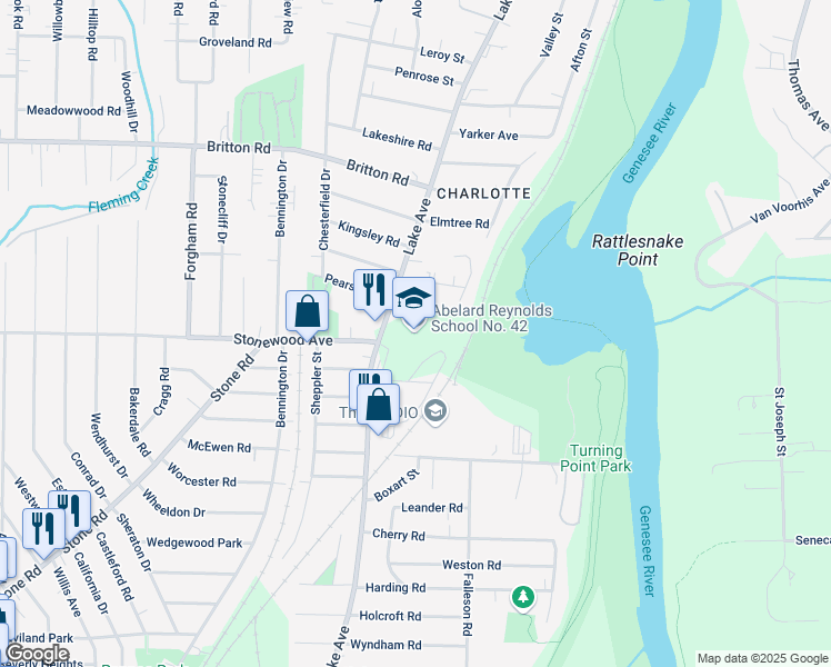 map of restaurants, bars, coffee shops, grocery stores, and more near 3330 Lake Avenue in Rochester