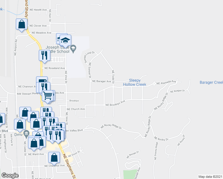 map of restaurants, bars, coffee shops, grocery stores, and more near 1181 Northeast Alameda Avenue in Roseburg