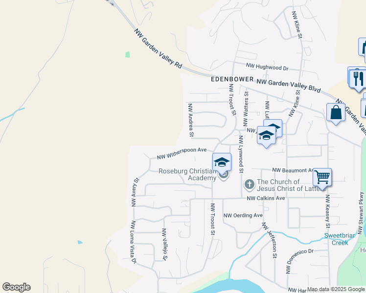 map of restaurants, bars, coffee shops, grocery stores, and more near 2230 Northwest Witherspoon Avenue in Roseburg
