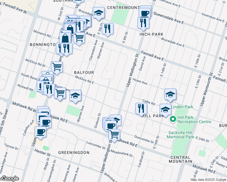 map of restaurants, bars, coffee shops, grocery stores, and more near 120 McElroy Road East in Hamilton