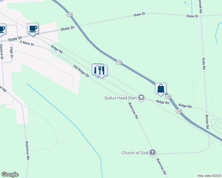 map of restaurants, bars, coffee shops, grocery stores, and more near 7114 Ridge Road in Sodus