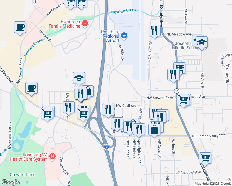 map of restaurants, bars, coffee shops, grocery stores, and more near 1820 Northwest Otie Street in Roseburg