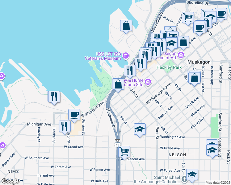 map of restaurants, bars, coffee shops, grocery stores, and more near 683 Shoreline Drive in Muskegon