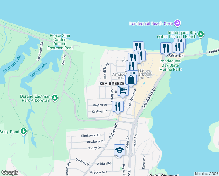 map of restaurants, bars, coffee shops, grocery stores, and more near 124 Pinehill Drive in Rochester
