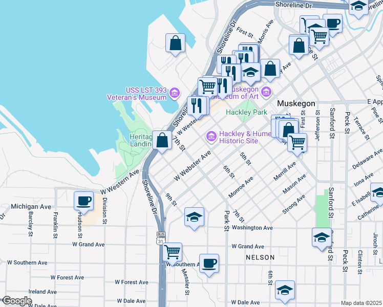 map of restaurants, bars, coffee shops, grocery stores, and more near 579 West Clay Avenue in Muskegon