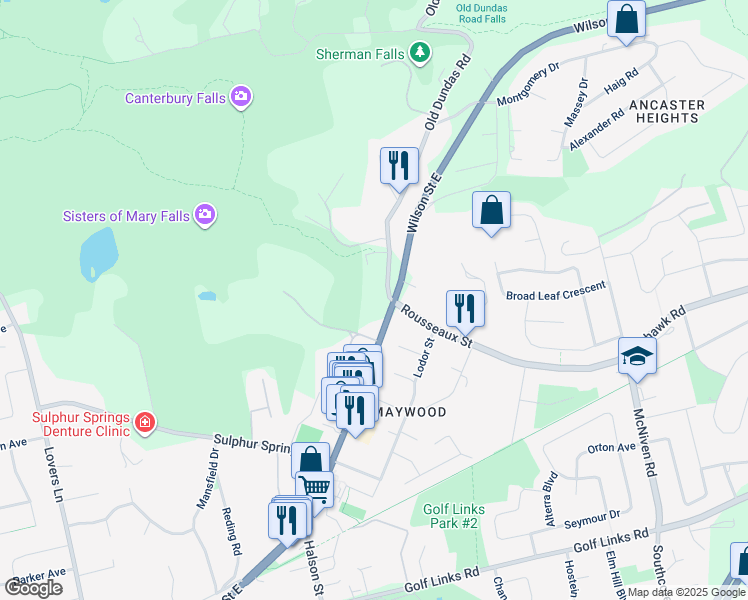 map of restaurants, bars, coffee shops, grocery stores, and more near 469 Wilson Street East in Hamilton