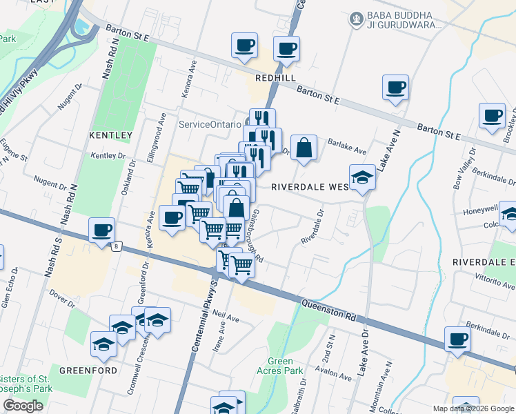 map of restaurants, bars, coffee shops, grocery stores, and more near 92 Gainsborough Road in Hamilton