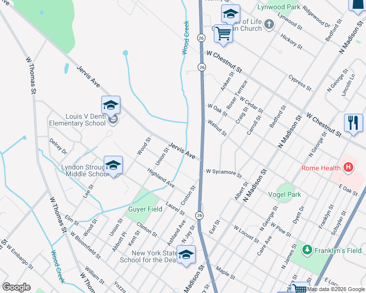 map of restaurants, bars, coffee shops, grocery stores, and more near 706 Jervis Avenue in Rome