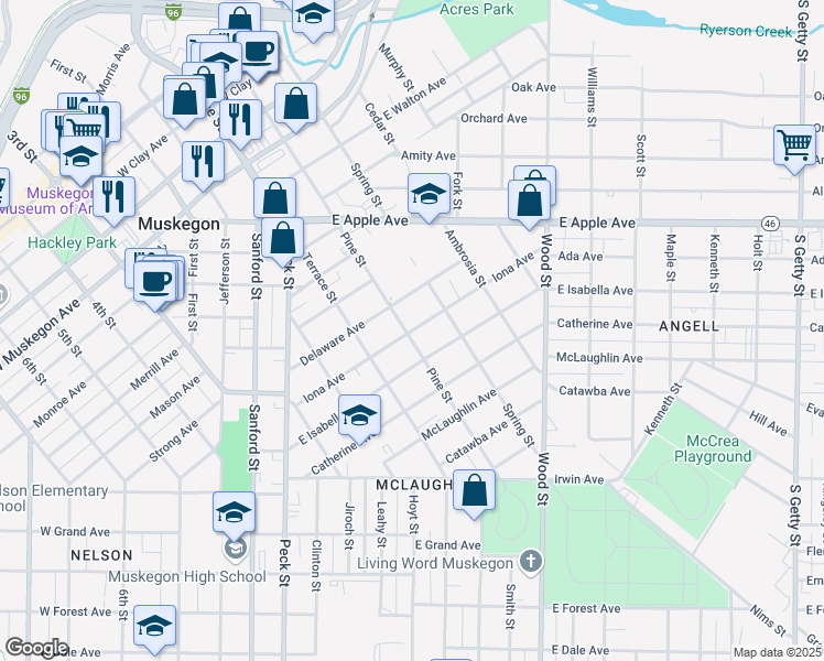 map of restaurants, bars, coffee shops, grocery stores, and more near 211 Iona Avenue in Muskegon