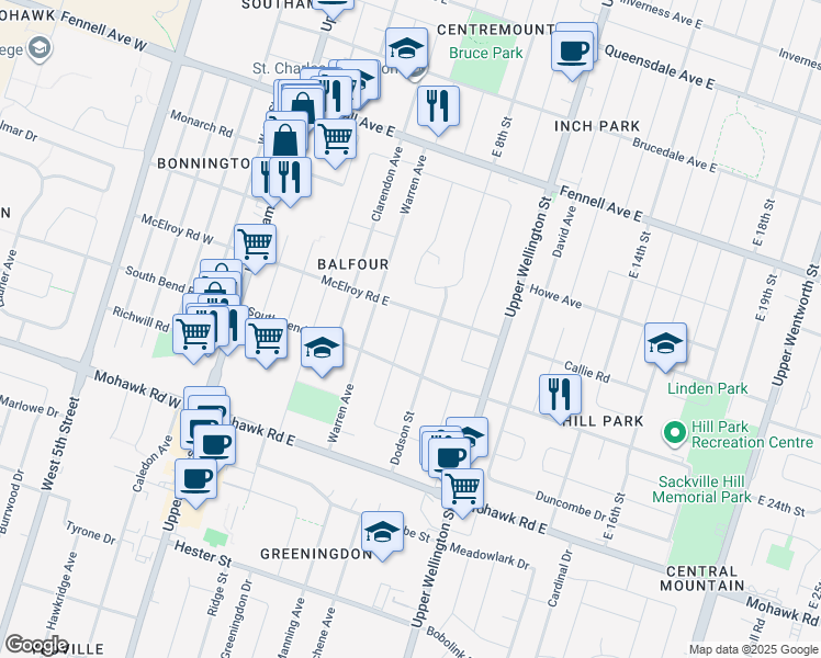 map of restaurants, bars, coffee shops, grocery stores, and more near 29 Dana Drive in Hamilton