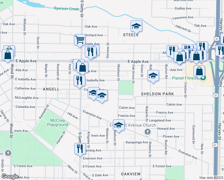 map of restaurants, bars, coffee shops, grocery stores, and more near 979 Catherine Avenue in Muskegon