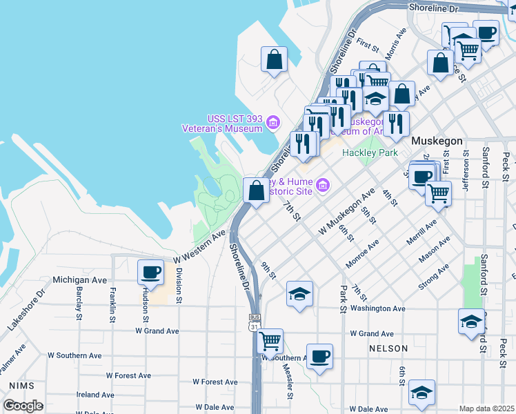 map of restaurants, bars, coffee shops, grocery stores, and more near 637 West Western Avenue in Muskegon
