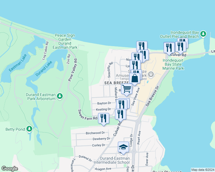 map of restaurants, bars, coffee shops, grocery stores, and more near 124 Pinehill Drive in Rochester