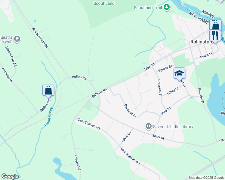 map of restaurants, bars, coffee shops, grocery stores, and more near 431 Main Street in Rollinsford