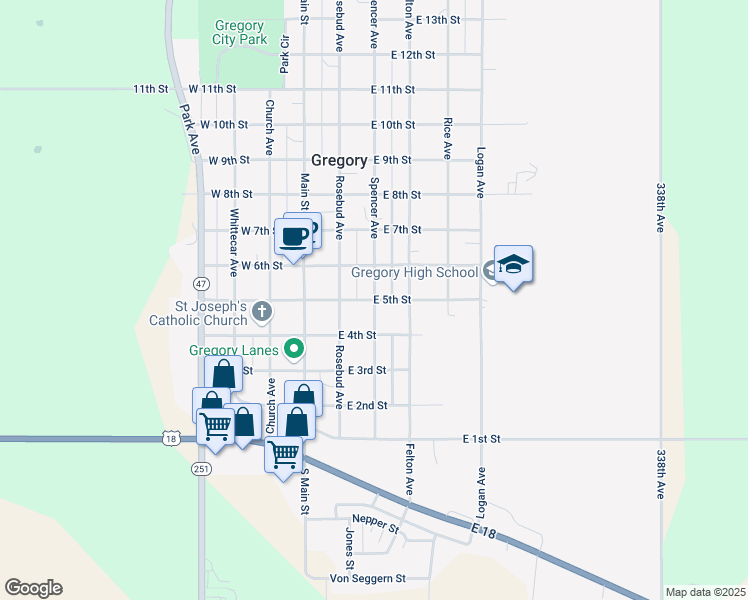 map of restaurants, bars, coffee shops, grocery stores, and more near 501 Spencer Avenue in Gregory