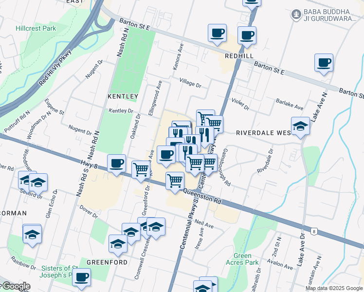 map of restaurants, bars, coffee shops, grocery stores, and more near 75 Centennial Parkway North in Hamilton