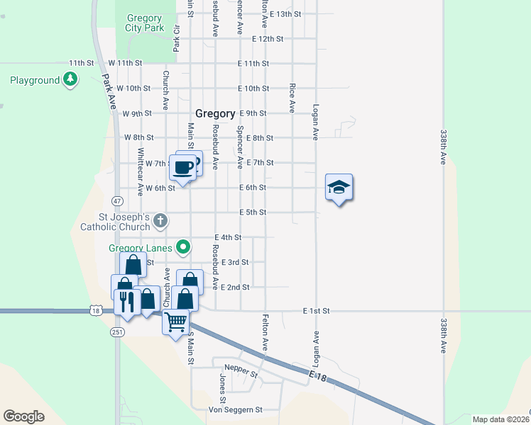 map of restaurants, bars, coffee shops, grocery stores, and more near 501 Felton Avenue in Gregory