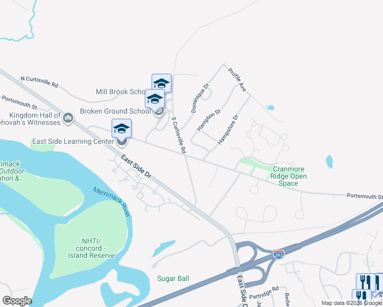 map of restaurants, bars, coffee shops, grocery stores, and more near 143 Portsmouth Street in Concord