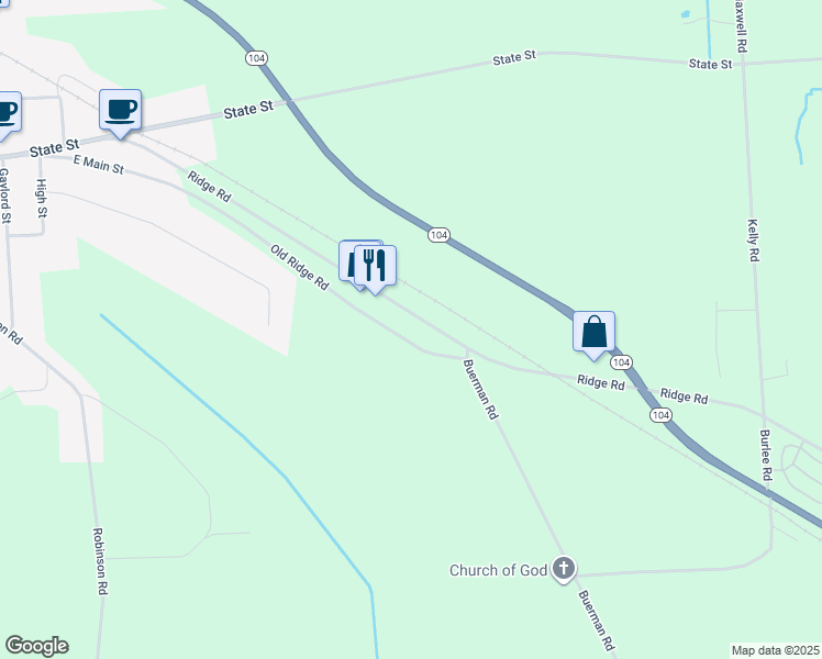 map of restaurants, bars, coffee shops, grocery stores, and more near 7114 Ridge Road in Sodus